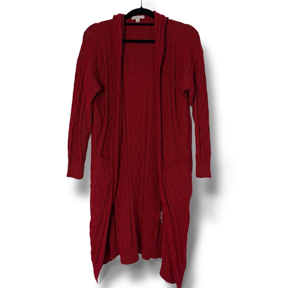 Elegant Red Cable Knit hooded open Cardigan Large